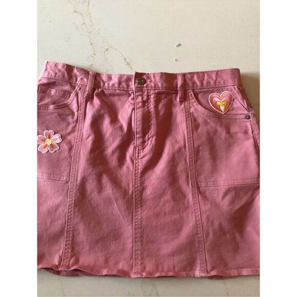 Gap Jeans Pink Denim Skirt Boho Custom Flower Heart Sz 12 Stretch - Picture 1 of 7